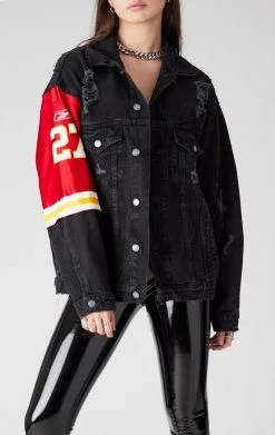 FURST OF A KIND VINTAGE JERSEY SLEEVE AND BACK INSERT DENIM JACKET SALE