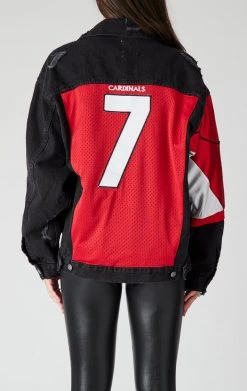 FURST OF A KIND SALE VINTAGE JERSEY SLEEVE AND BACK INSERT DENIM JACKET