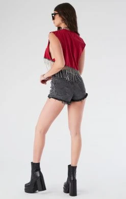 FURST OF A KIND ASYMMETRICAL RHINESTONE FRINGE SLEEVELESS CROP TEE VINTAGE RHINESTONE FRINGE