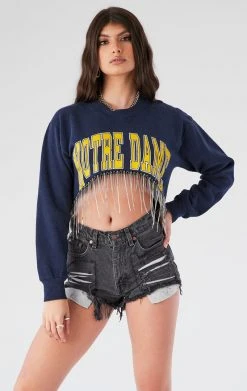 FURST OF A KIND VINTAGE CURVED HEM RHINESTONE FRINGE SWEATSHIRT