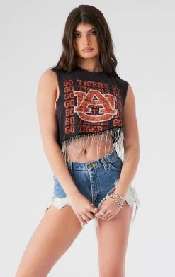 FURST OF A KIND VINTAGE RHINESTONE FRINGE ASYMMETRICAL RHINESTONE FRINGE SLEEVELESS CROP TEE