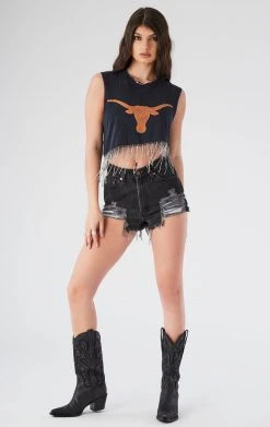 FURST OF A KIND ASYMMETRICAL RHINESTONE FRINGE SLEEVELESS CROP TEE VINTAGE RHINESTONE FRINGE