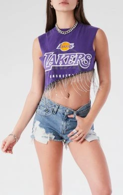 FURST OF A KIND ASYMMETRICAL RHINESTONE FRINGE SLEEVELESS CROP TEE VINTAGE RHINESTONE FRINGE