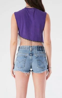 FURST OF A KIND ASYMMETRICAL RHINESTONE FRINGE SLEEVELESS CROP TEE VINTAGE RHINESTONE FRINGE