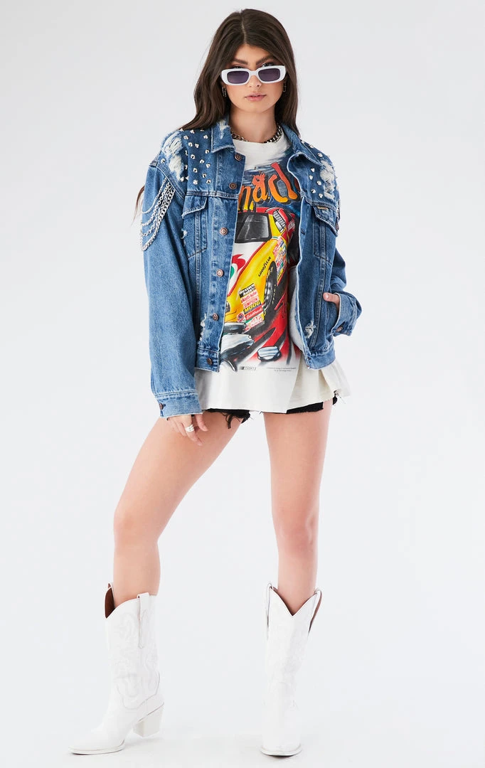 FURST OF A KIND VINTAGE DRAPE CHAIN STUDDED DENIM JACKET FESTIVAL 10 FURST OF A KIND VINTAGE DRAPE CHAIN STUDDED DENIM JACKET FESTIVAL