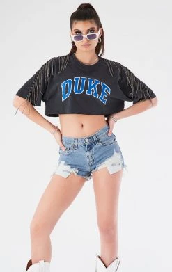 FURST OF A KIND VINTAGE RHINESTONE FRINGE SLEEVE CROP TEE