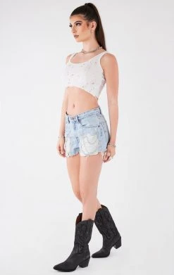 FURST OF A KIND FESTIVAL VINTAGE CHAIN AND PIN DRAPE DENIM SHORTS