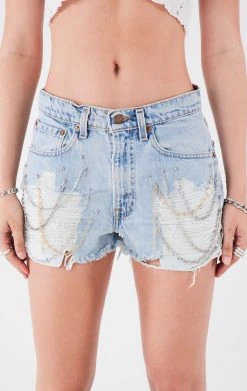 FURST OF A KIND FESTIVAL VINTAGE CHAIN AND PIN DRAPE DENIM SHORTS