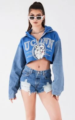 FURST OF A KIND VINTAGE DENIM JACKETS VINTAGE SPLICED DENIM JACKET ZIP UP HOODIE