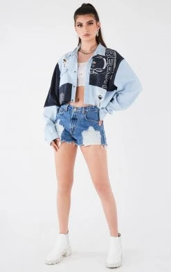 FURST OF A KIND VINTAGE COLLEGE VINTAGE PATCHWORK CROPPED CHAMBRAY