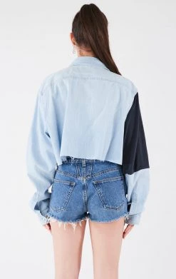 FURST OF A KIND VINTAGE COLLEGE VINTAGE PATCHWORK CROPPED CHAMBRAY