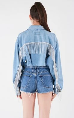 FURST OF A KIND VINTAGE RHINESTONE FRINGE DENIM JACKET FESTIVAL