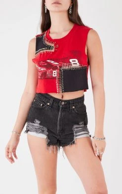 FURST OF A KIND VINTAGE PINS VINTAGE SAFETY PIN PATCHWORK SLEEVELESS TEE