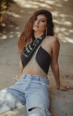 FURST OF A KIND FESTIVAL VINTAGE RHINESTONE FRINGE HALTER WRAP TOP