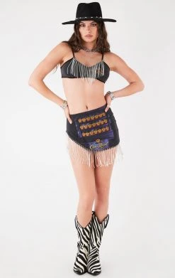 FURST OF A KIND VINTAGE RHINESTONE FRINGE BRA TOP AND SKIRT SET