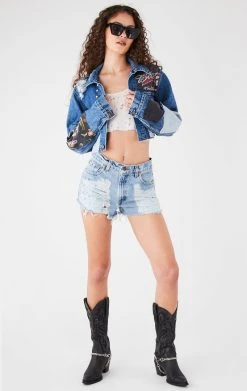 FURST OF A KIND FESTIVAL VINTAGE PATCHWORK STUDDED CROPPED DENIM JACKET