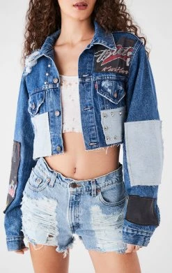 FURST OF A KIND FESTIVAL VINTAGE PATCHWORK STUDDED CROPPED DENIM JACKET