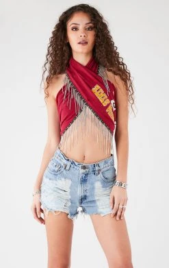 FURST OF A KIND VINTAGE RHINESTONE FRINGE HALTER WRAP TOP FESTIVAL