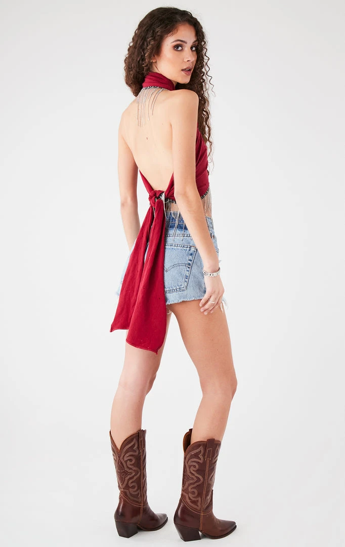 FURST OF A KIND VINTAGE RHINESTONE FRINGE HALTER WRAP TOP FESTIVAL 5 FURST OF A KIND VINTAGE RHINESTONE FRINGE HALTER WRAP TOP FESTIVAL