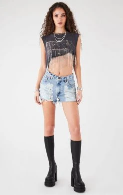 FURST OF A KIND VINTAGE RHINESTONE FRINGE ASYMMETRICAL RHINESTONE FRINGE SLEEVELESS CROP TEE