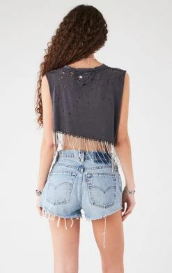 FURST OF A KIND VINTAGE RHINESTONE FRINGE ASYMMETRICAL RHINESTONE FRINGE SLEEVELESS CROP TEE