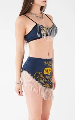 FURST OF A KIND VINTAGE RHINESTONE FRINGE BRA TOP AND SKIRT SET