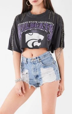 FURST OF A KIND VINTAGE RHINESTONE FRINGE SLEEVE CROP TEE