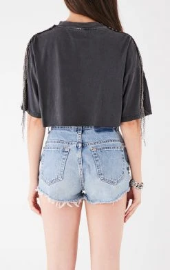 FURST OF A KIND VINTAGE RHINESTONE FRINGE SLEEVE CROP TEE