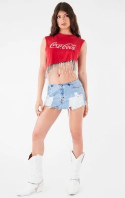 FURST OF A KIND ASYMMETRICAL RHINESTONE FRINGE SLEEVELESS CROP TEE VINTAGE DRINKS