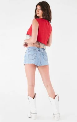 FURST OF A KIND ASYMMETRICAL RHINESTONE FRINGE SLEEVELESS CROP TEE VINTAGE DRINKS