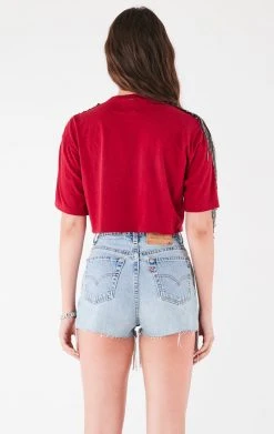 FURST OF A KIND VINTAGE RHINESTONE FRINGE SLEEVE CROP TEE