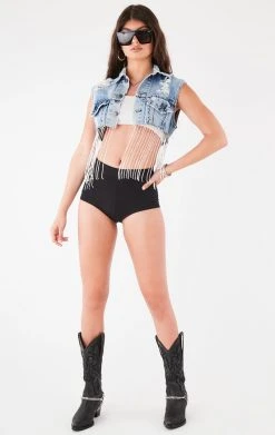 FURST OF A KIND VINTAGE RHINESTONE FRINGE DENIM VEST