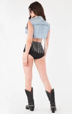 FURST OF A KIND VINTAGE RHINESTONE FRINGE DENIM VEST