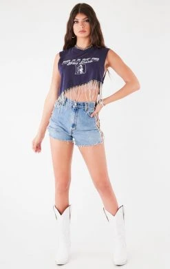FURST OF A KIND VINTAGE RHINESTONE FRINGE ASYMMETRICAL RHINESTONE FRINGE SLEEVELESS CROP TEE