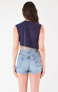 FURST OF A KIND VINTAGE RHINESTONE FRINGE ASYMMETRICAL RHINESTONE FRINGE SLEEVELESS CROP TEE