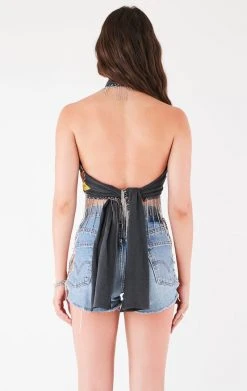 FURST OF A KIND VINTAGE RHINESTONE FRINGE HALTER WRAP TOP