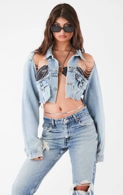 FURST OF A KIND FESTIVAL VINTAGE CUTOUT FRONT CHAIN DENIM JACKET