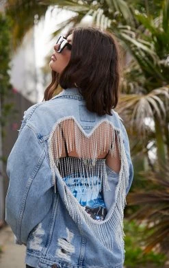 FURST OF A KIND FESTIVAL VINTAGE RHINESTONE FRINGE HEART CUTOUT DENIM JACKET