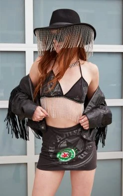 FURST OF A KIND VINTAGE RHINESTONE FRINGE TIE BRA TOP