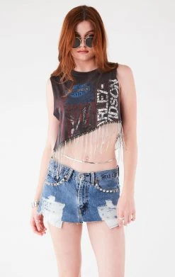 FURST OF A KIND ASYMMETRICAL RHINESTONE FRINGE SLEEVELESS CROP TEE VINTAGE RHINESTONE FRINGE