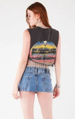 FURST OF A KIND ASYMMETRICAL RHINESTONE FRINGE SLEEVELESS CROP TEE VINTAGE RHINESTONE FRINGE