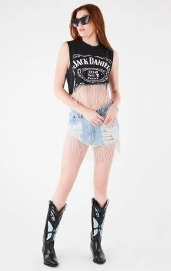 FURST OF A KIND VINTAGE RHINESTONE FRINGE ASYMMETRICAL RHINESTONE FRINGE SLEEVELESS CROP TEE