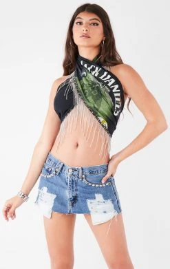 FURST OF A KIND VINTAGE RHINESTONE FRINGE HALTER WRAP TOP