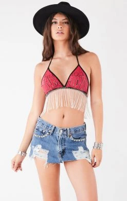 FURST OF A KIND FESTIVAL VINTAGE RHINESTONE FRINGE TIE BRA TOP