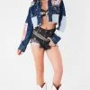 FURST OF A KIND VINTAGE PATCHWORK STUDDED CROPPED DENIM JACKET FESTIVAL