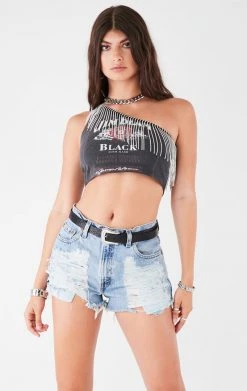 FURST OF A KIND VINTAGE RHINESTONE FRINGE ONE SHOULDER TOP