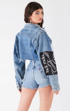 FURST OF A KIND VINTAGE PATCHWORK STUDDED CROPPED DENIM JACKET