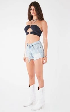 FURST OF A KIND FESTIVAL VINTAGE RHINESTONE FRINGE WAISTBAND DENIM SHORTS