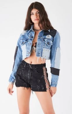 FURST OF A KIND VINTAGE PATCHWORK STUDDED CROPPED DENIM JACKET FESTIVAL