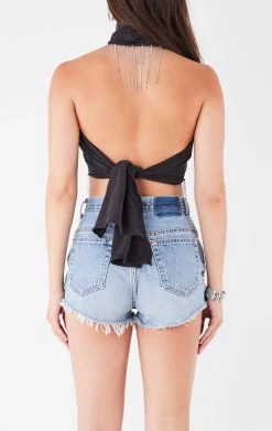 FURST OF A KIND VINTAGE RHINESTONE FRINGE HALTER WRAP TOP FESTIVAL